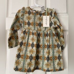 Velvet fawn Patterned Kids Dress - Green, Brown, and Cream